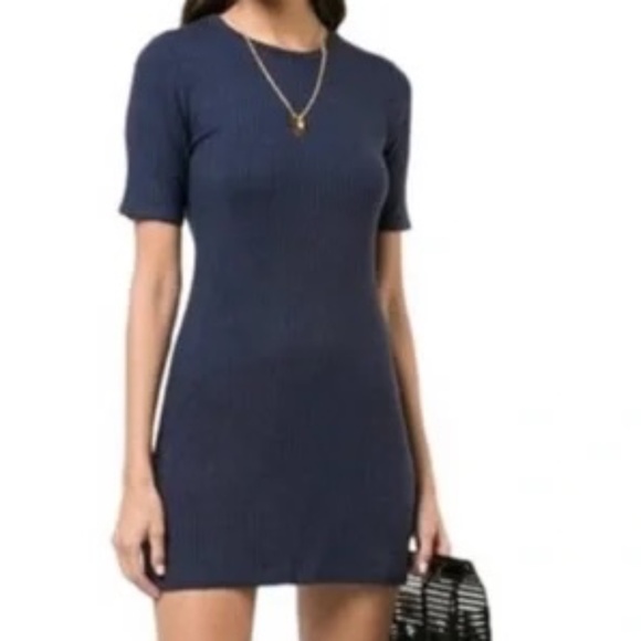 Reformation Gigi Ribbed Dress Short Sleeve Navy XS - Picture 1 of 8